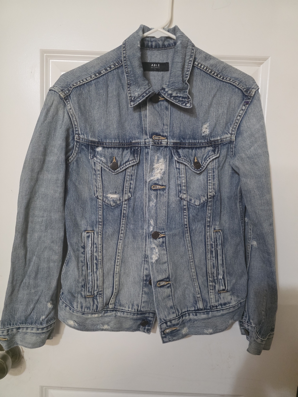 ABLE The Merly Denim Jacket Men's S Distressed Light Wash Jean Trucker Jacket